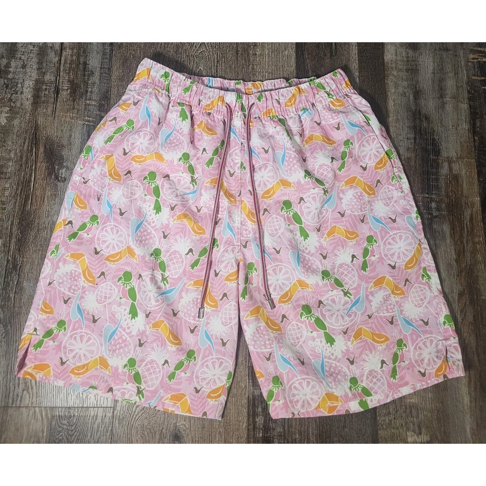 Peter Millar Seaside Swim Trunks Medium M Pink Tropical Print Mesh Lined NWOT